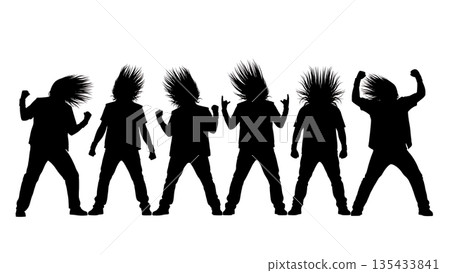 Black Solid Headbanging Silhouettes Set of Six on White Background 135433841