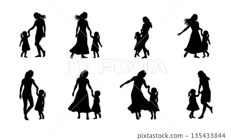Black Solid Mother Child Dance Silhouettes Set of Six on White Background Black Solid Mother Child Dance Silhouettes Set of Six on White Background 135433844