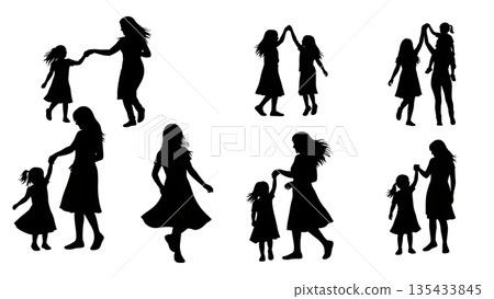 Black Solid Mother Child Dance Silhouettes Set of Six on White Background Black Solid Mother Child Dance Silhouettes Set of Six on White Background 135433845