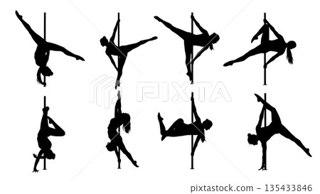 Black Solid Pole Dance Silhouettes Set of Six on White Background Black Solid Pole Dance Silhouettes Set of Six on White Background 135433846