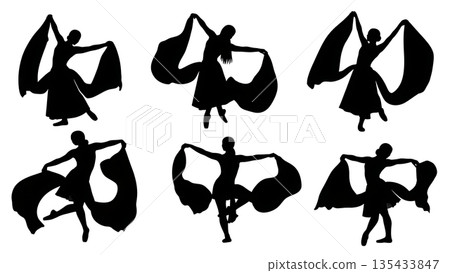 Black Solid Lyrical Dance Silhouettes Set of Six on White Background Black Solid Lyrical Dance Silhouettes Set of Six on White Background 135433847