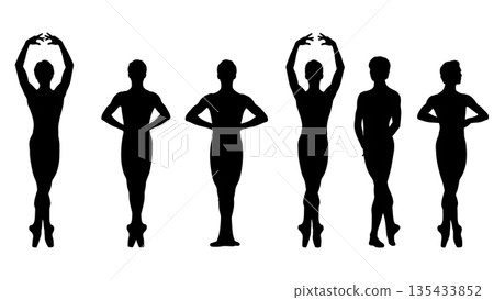 Black Solid Male Ballet Silhouettes Set of Six on White Background Black Solid Male Ballet Silhouettes Set of Six on White Background 135433852