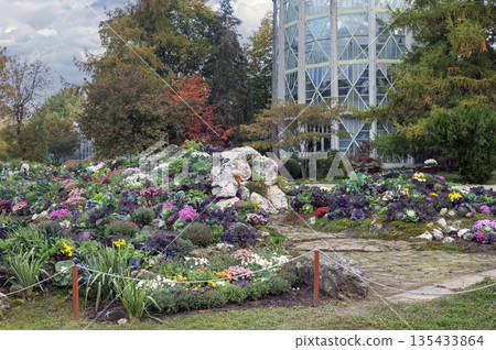 Modern Greenhouse And Colorful Flower Beds In Iasi Botanical Garden 135433864