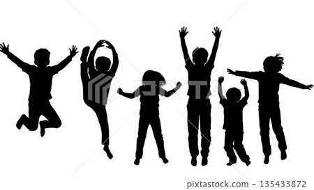 Black Solid Kids Dancing Silhouettes Set of Six on White Background Black Solid Kids Dancing Silhouettes Set of Six on White Background 135433872
