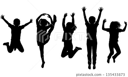 Black Solid Kids Dancing Silhouettes Set of Six on White Background Black Solid Kids Dancing Silhouettes Set of Six on White Background 135433873