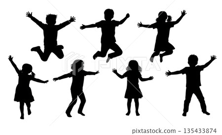 Black Solid Kids Dancing Silhouettes Set of Six on White Background Black Solid Kids Dancing Silhouettes Set of Six on White Background 135433874