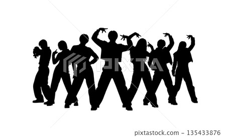 Black Solid Kpop Dance Silhouettes Set of Six on White Background Black Solid Kpop Dance Silhouettes Set of Six on White Background 135433876