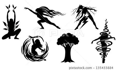 Black Solid Interpretive Dance Silhouettes Set of Six on White Background 135433884