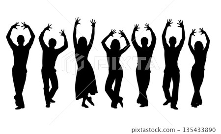 Black Solid Jazz Dance Silhouettes Set of Six on White Background 135433890