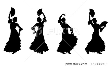 Black Solid Flamenco Dancer Silhouettes Set of Six on White Background 135433908