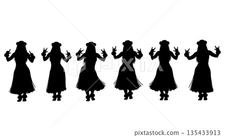 Black Solid Hula Dancer Silhouettes Set of Six on White Background 135433913