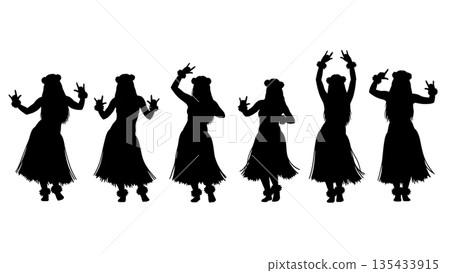 Black Solid Hula Dancer Silhouettes Set of Six on White Background 135433915