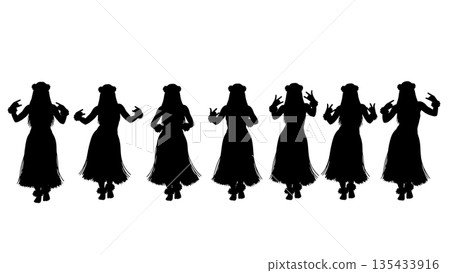 Black Solid Hula Dancer Silhouettes Set of Six on White Background 135433916