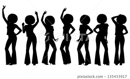 Black Solid Disco Diva Silhouettes Set of Six on White Background 135433917