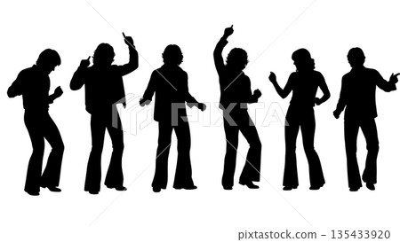 Black Solid Disco Party Silhouettes Set of Six on White Background 135433920