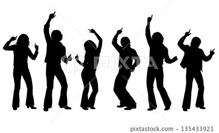 Black Solid Disco Party Silhouettes Set of Six on White Background Black Solid Disco Party Silhouettes Set of Six on White Background 135433921