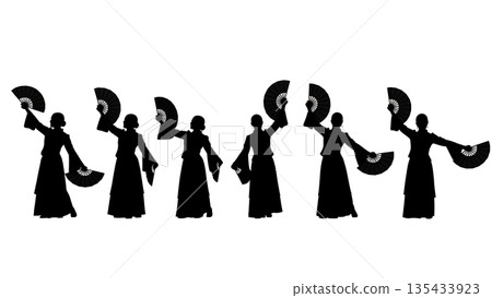 Black Solid Fan Dance Silhouettes Set of Six on White Background 135433923