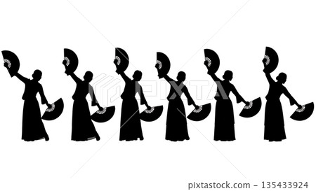 Black Solid Fan Dance Silhouettes Set of Six on White Background 135433924
