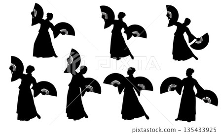 Black Solid Fan Dance Silhouettes Set of Six on White Background 135433925