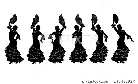 Black Solid Flamenco Dancer Silhouettes Set of Six on White Background Black Solid Flamenco Dancer Silhouettes Set of Six on White Background 135433927