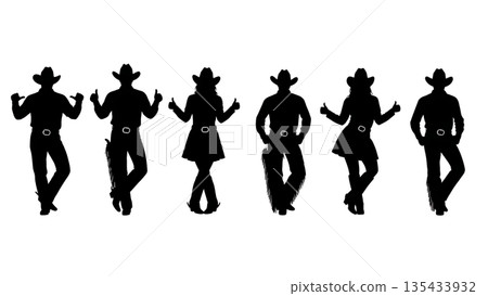 Black Solid Country Line Dance Silhouettes Set of Six on White Background 135433932