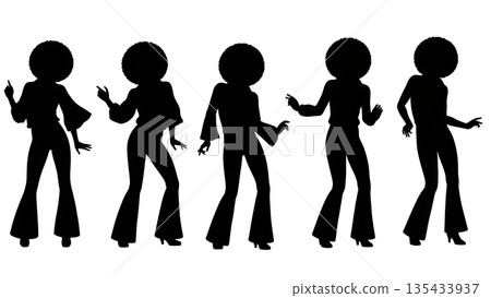 Black Solid Disco Diva Silhouettes Set of Six on White Background Black Solid Disco Diva Silhouettes Set of Six on White Background 135433937