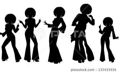 Black Solid Disco Diva Silhouettes Set of Six on White Background 135433938