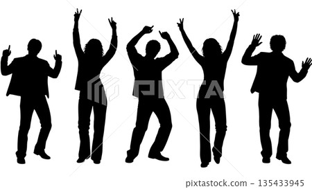 Black Solid Club Dancer Silhouettes Set of Six on White Background Black Solid Club Dancer Silhouettes Set of Six on White Background 135433945