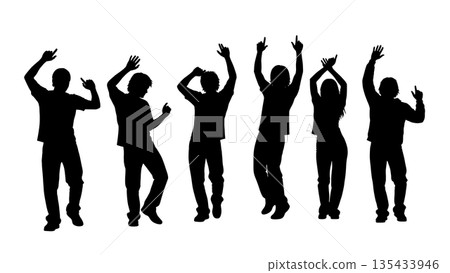 Black Solid Club Dancer Silhouettes Set of Six on White Background Black Solid Club Dancer Silhouettes Set of Six on White Background 135433946