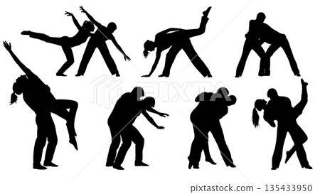 Black Solid Contact Improv Silhouettes Set of Six on White Background Black Solid Contact Improv Silhouettes Set of Six on White Background 135433950