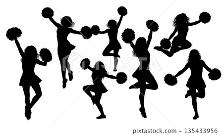 Black Solid Cheerleader Silhouettes Set of Six on White Background Black Solid Cheerleader Silhouettes Set of Six on White Background 135433956