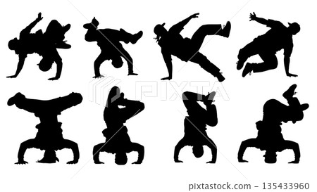 Black Solid Breakdance Power Silhouettes Set of Six on White Background Black Solid Breakdance Power Silhouettes Set of Six on White Background 135433960