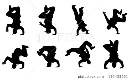 Black Solid Breakdance Power Silhouettes Set of Six on White Background 135433961