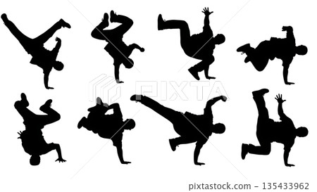 Black Solid Breakdance Power Silhouettes Set of Six on White Background 135433962