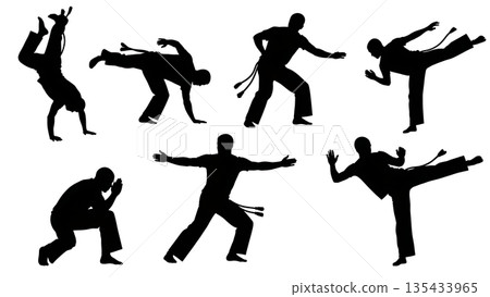 Black Solid Capoeira Silhouettes Set of Six on White Background Black Solid Capoeira Silhouettes Set of Six on White Background 135433965