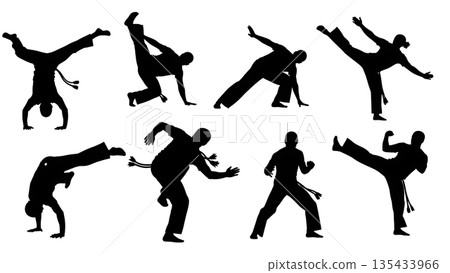 Black Solid Capoeira Silhouettes Set of Six on White Background 135433966