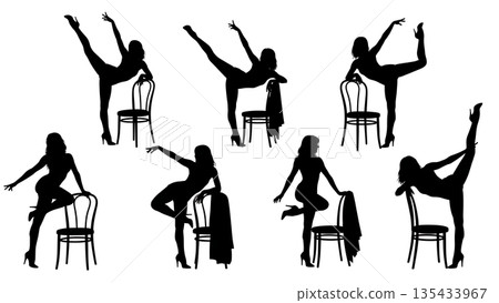 Black Solid Chair Dance Silhouettes Set of Six on White Background Black Solid Chair Dance Silhouettes Set of Six on White Background 135433967