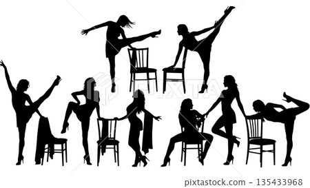 Black Solid Chair Dance Silhouettes Set of Six on White Background 135433968