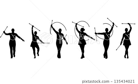 Black Solid Baton Twirler Silhouettes Set of Six on White Background Black Solid Baton Twirler Silhouettes Set of Six on White Background 135434021