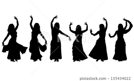 Black Solid Belly Dancer Silhouettes Set of Six on White Background Black Solid Belly Dancer Silhouettes Set of Six on White Background 135434022