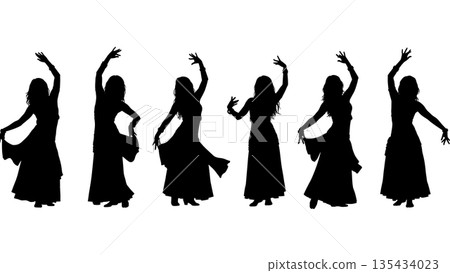 Black Solid Belly Dancer Silhouettes Set of Six on White Background Black Solid Belly Dancer Silhouettes Set of Six on White Background 135434023