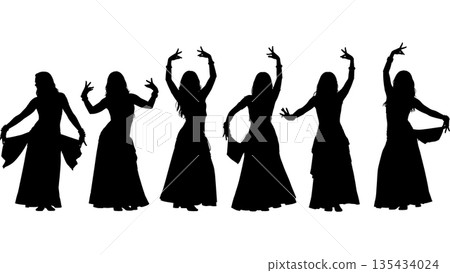Black Solid Belly Dancer Silhouettes Set of Six on White Background 135434024