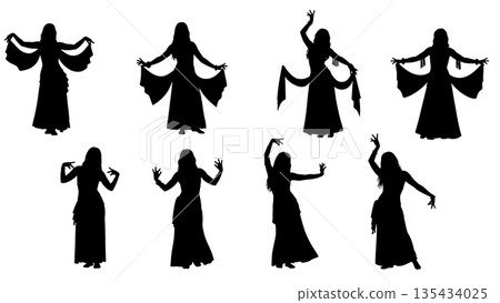 Black Solid Belly Dancer Silhouettes Set of Six on White Background 135434025