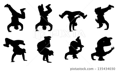 Black Solid Breakdance Power Silhouettes Set of Six on White Background Black Solid Breakdance Power Silhouettes Set of Six on White Background 135434030