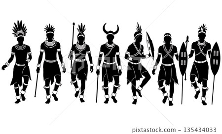 Black Solid African Dance Silhouettes Set of Six on White Background Black Solid African Dance Silhouettes Set of Six on White Background 135434033