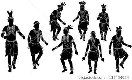 Black Solid African Dance Silhouettes Set of Six on White Background Black Solid African Dance Silhouettes Set of Six on White Background 135434034