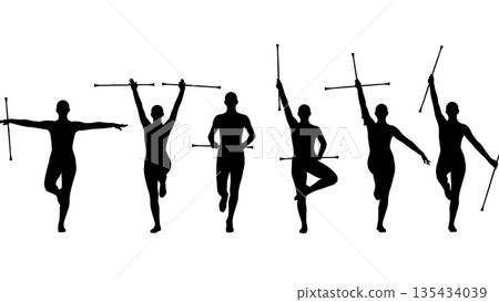 Black Solid Baton Twirler Silhouettes Set of Six on White Background Black Solid Baton Twirler Silhouettes Set of Six on White Background 135434039