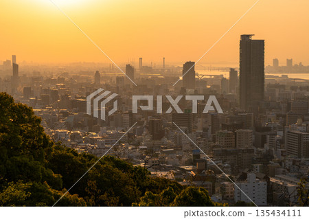 Hyogo Prefecture: Kobe Venus Bridge and Suwayama Park Observatory at dawn Hyogo Prefecture: Kobe Venus Bridge and Suwayama Park Observatory at dawn 135434111