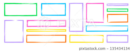 Frame rectangle brush set. Rectangle color frame shape brush stroke rough edge paper background texture graphic. Hand drawn border grunge vintage poster design cover album. Vector 135434134