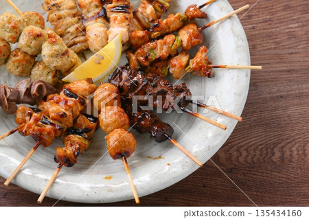 Assorted yakitori. Yakitori, grilled chicken, yakitori. Chicken dishes. Grilled skewers. Assorted yakitori. Yakitori, grilled chicken, yakitori. Chicken dishes. Grilled skewers. 135434160